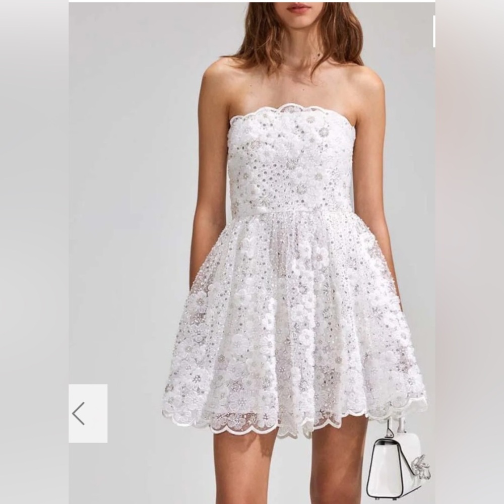 Self-Portrait White Lace beaded 3d floral Strapless mini Dress